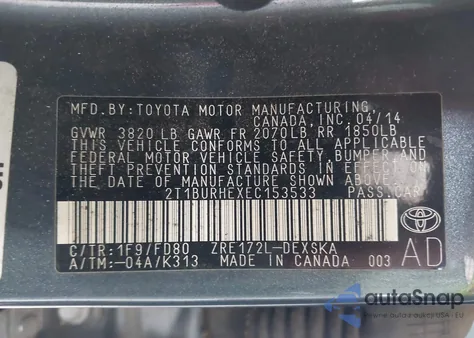 2014 Toyota Corolla S Plus из США, поврежденный, VIN 2T1BURHEXEC153533